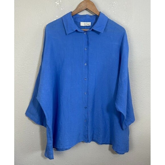 Sauths Cathy Linen Blouse XL XXL Blue Button Up Boxy Lagenlook Collar - Picture 2 of 7